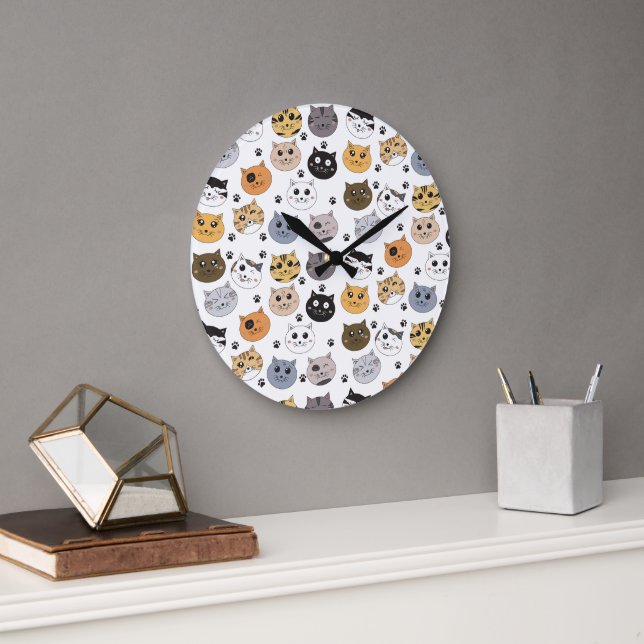Farbige Niedliche Funny Cats & Paw Muster Große Wanduhr (Büro)