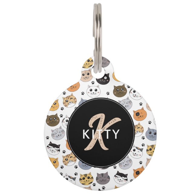 Farbige Niedliche Funny Cats & Paw Muster Monogram Haustiermarke (Vorderseite)