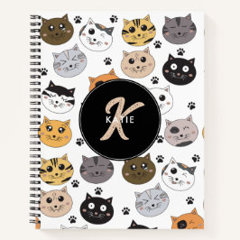 Farbige Niedliche Funny Cats & Paw Muster Monogram Notizbuch