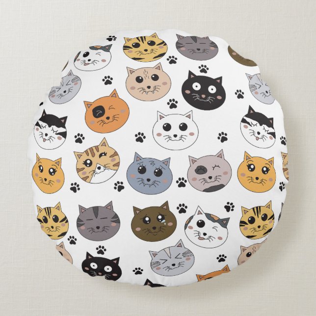 Farbige Niedliche Funny Cats & Paw Muster Rundes Kissen (Vorderseite)