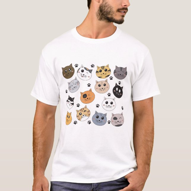 Farbige Niedliche Funny Cats & Paw Muster T-Shirt (Vorderseite)