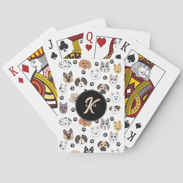 Farbige Niedliche Hunde und Dog Paw Monogramm Spielkarten (Rückseite)