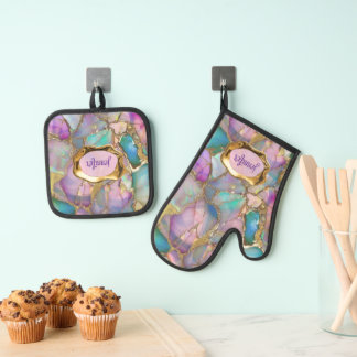 Farbige Opal- und Liquid-Gold-Personalisiert Ofenhandschuh & Topflappen-Set