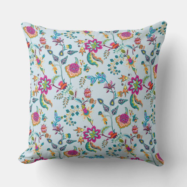 Farbige Orange Lila Aquamarine Floral Chintz auf B Kissen (Vorderseite)