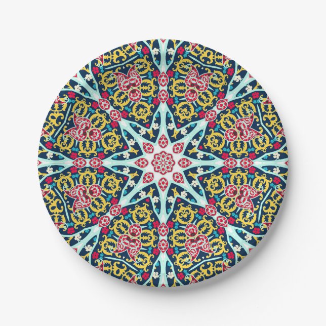 Farbige ornamentale Rosetten-Mandala-Kunst Pappteller (Vorderseite)