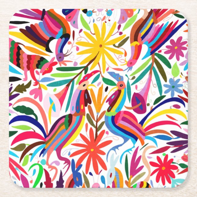 Farbige Otomi-Printmedien, Blumenmuster/Tiermuster Rechteckiger Pappuntersetzer (Vorderseite)