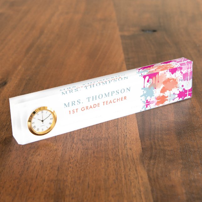 Farbige Paint Spritzer Personalisiert Teacher Namensplakette (Seite)