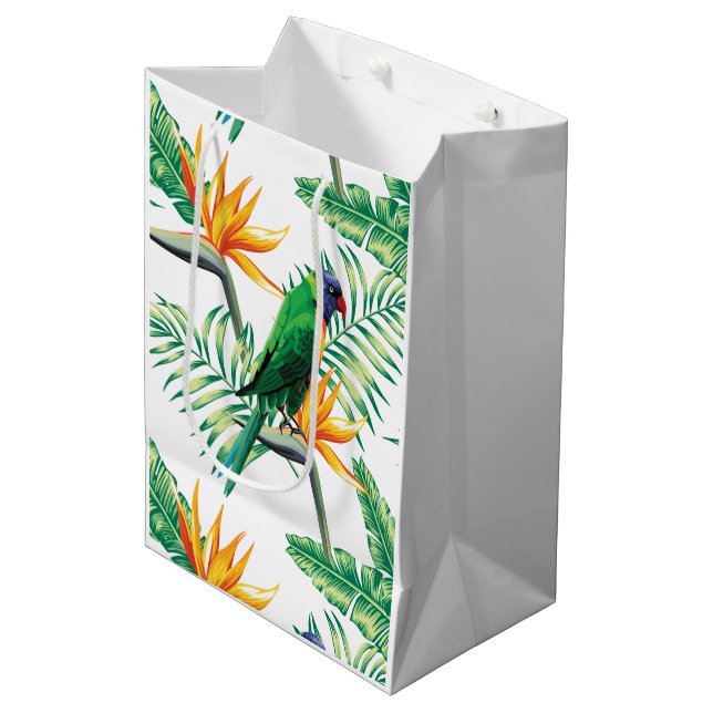 Farbige Papagei- und Blume-Muster Mittlere Geschenktüte (Vorderseite Schrägansicht)