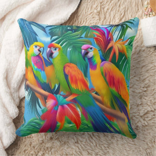Farbige Papageienvögel Tropische Blumenpalmen Bäum Kissen