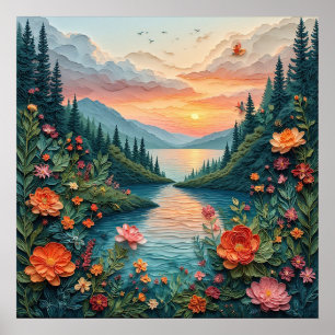 Farbige Papierkunstszene eines Sonnenuntergangs Poster