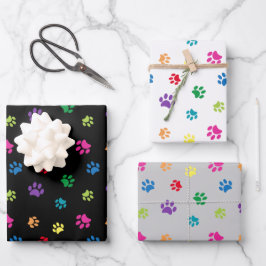 Farbige Paw-Druckmuster auf Schwarz-weißem Grau Geschenkpapier Set