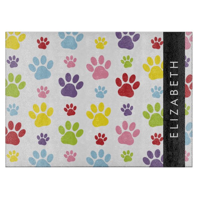 Farbige Paws, Muster, Hundepaws, Ihr Name Schneidebrett (Vorderseite)
