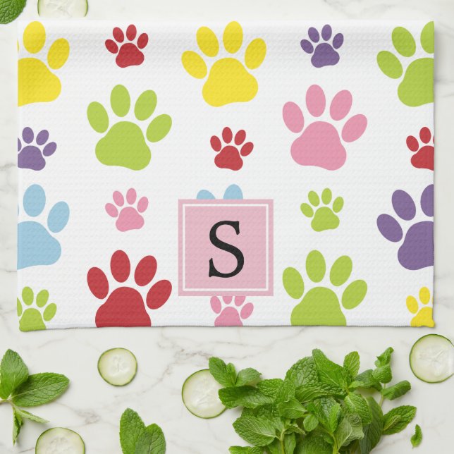 Farbige Paws, Muster, Hundepaws, Monogramm Geschirrtuch (Gefaltet)