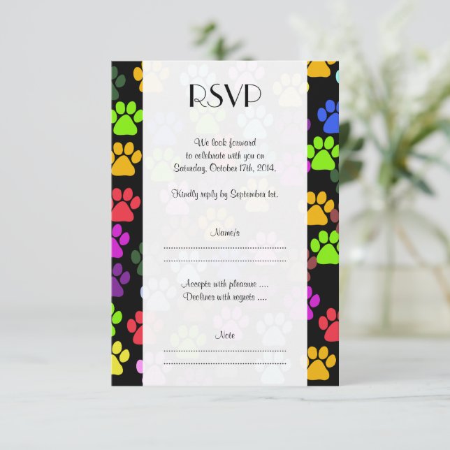 Farbige Paws, Muster, Hundeschlitten, Hochzeit RSVP Karte (Stehend Vorderseite)