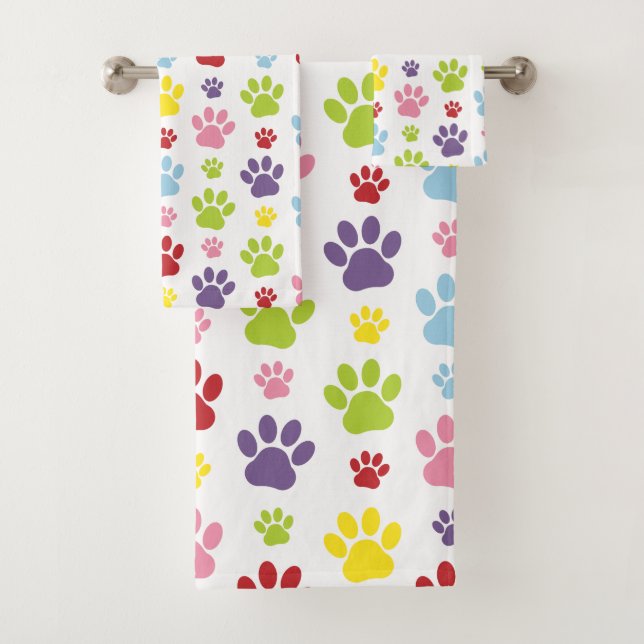 Farbige Paws, Muster, Hundeschlitten, Paw Prints Badhandtuch Set (Insitu)
