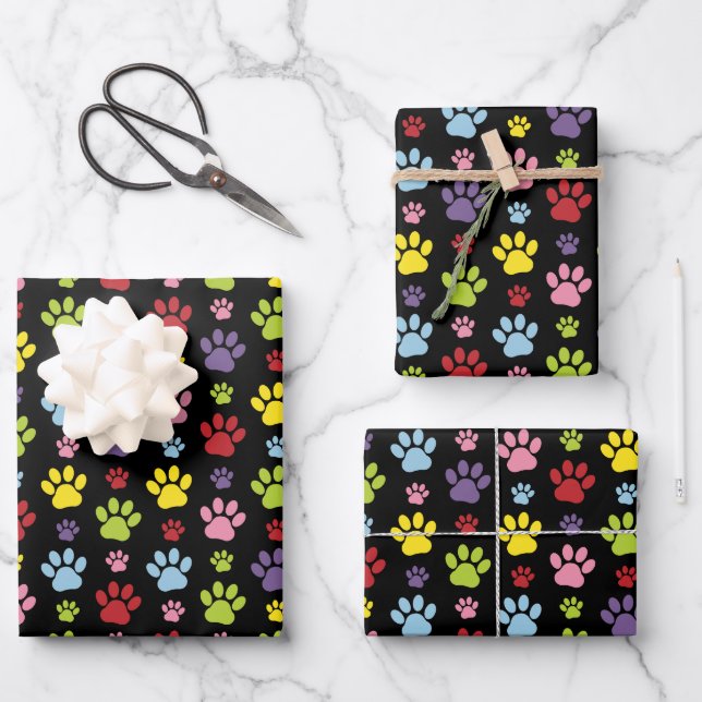 Farbige Paws, Muster, Paw Prints, Hundeschrauben Geschenkpapier Set (Vorderseite)