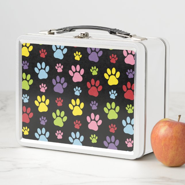 Farbige Paws, Muster, Paw Prints, Hundeschrauben Metall Brotdose (Beispiel)