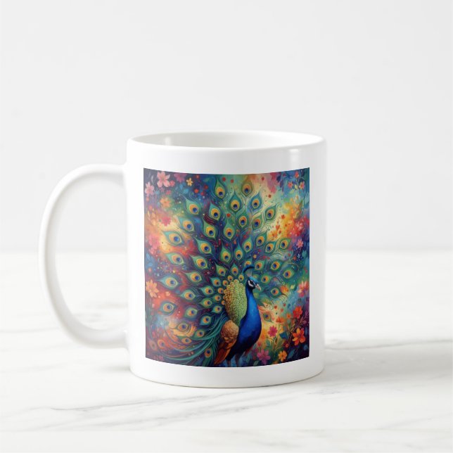 Farbige Pfauenfedern und Blumen Kaffeetasse (Links)