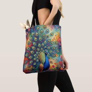 Farbige Pfauenfedern und Blumen Tasche