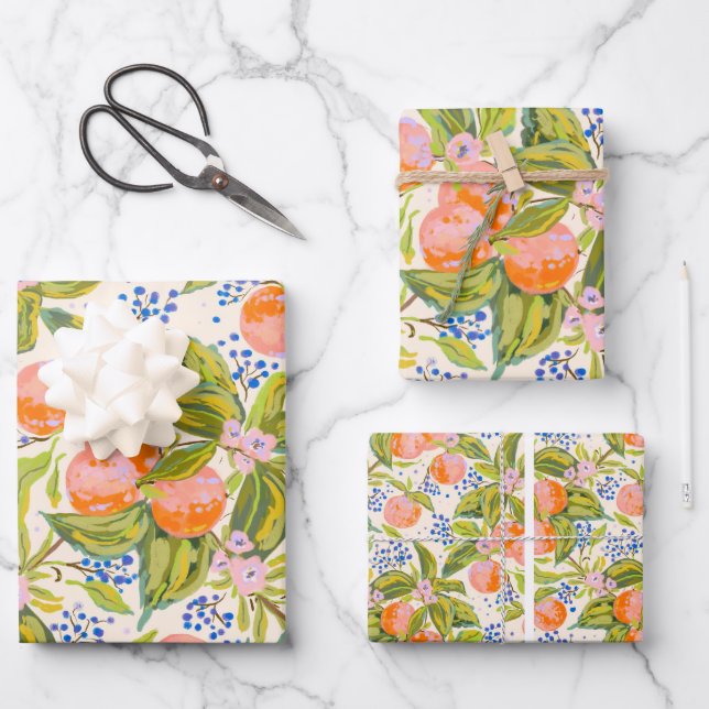Farbige Pfirsiche mit Blume Geschenkpapier Set (Vorderseite)