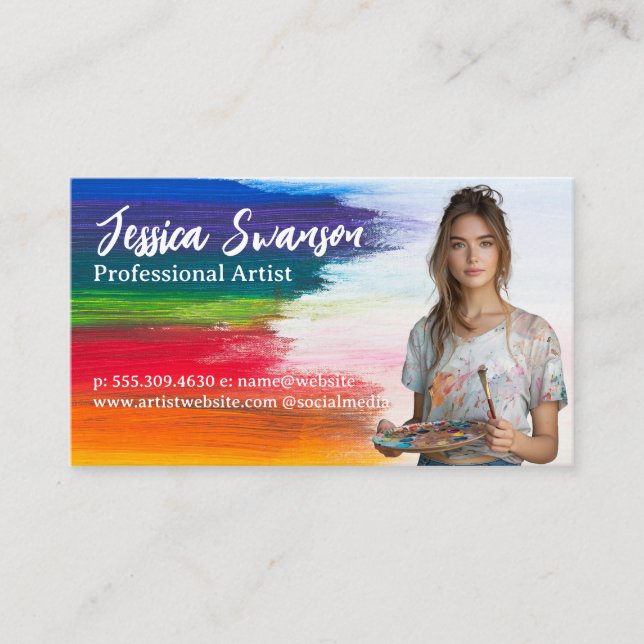 Farbige Pinselstriche | Young Woman Artist Visitenkarte (Vorderseite)