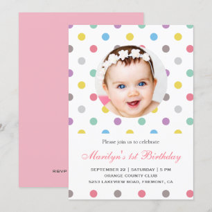 Farbige Polka Dots Erster Geburtstag Einladung
