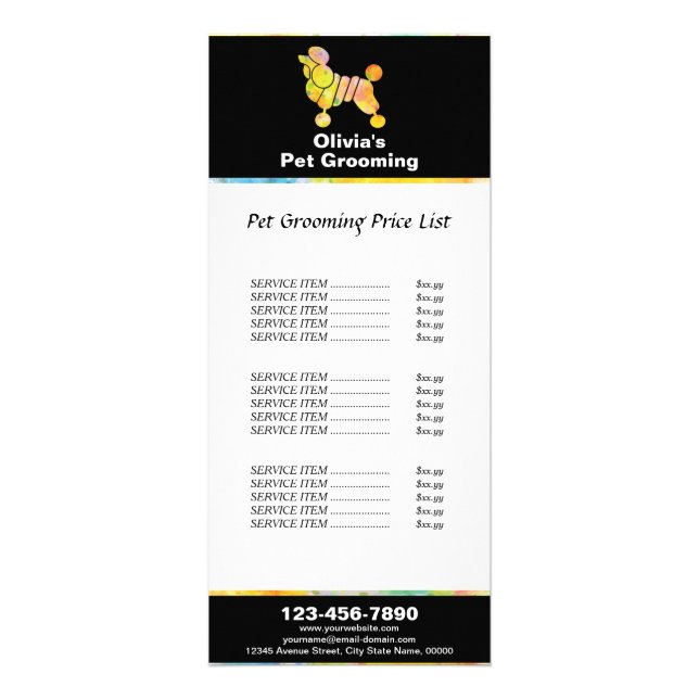 Farbige Poodle Pet Grooming Price List Werbekarte (Vorne)