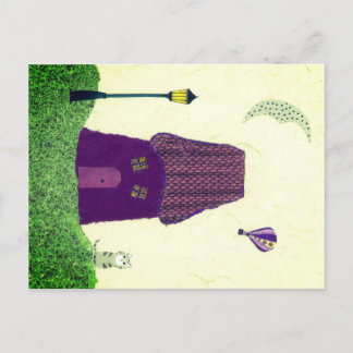 Farbige Postkarte mit Haus, Heißluftballon, Katze