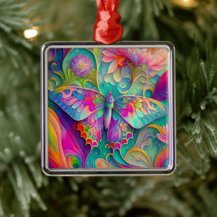 Farbige psychedelische Butterfly und Blumen Ornament Aus Metall