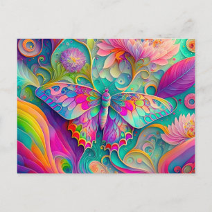 Farbige psychedelische Butterfly und Blumen Postkarte