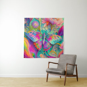 Farbige psychedelische Butterfly und Blumen Wandteppich