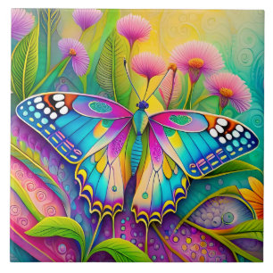 Farbige psychedelische Butterfly und Wildblumen Fliese