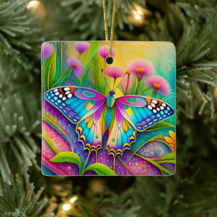 Farbige psychedelische Butterfly und Wildblumen Keramikornament
