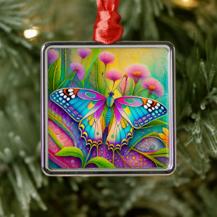 Farbige psychedelische Butterfly und Wildblumen Ornament Aus Metall