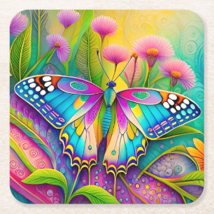 Farbige psychedelische Butterfly und Wildblumen Rechteckiger Pappuntersetzer