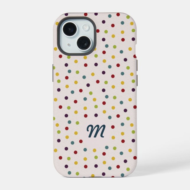 Farbige Punkte Muster Monogramm iPhone 15 Hülle (Rückseite)