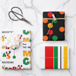 Farbige Punkte und Streifen Muster mit Namen Weihn Geschenkpapier Set