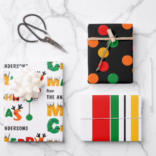 Farbige Punkte und Streifen Muster mit Namen Weihn Geschenkpapier Set