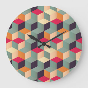 Farbige Quadrate, geometrisches Retro-Muster. Große Wanduhr
