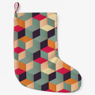 Farbige Quadrate, geometrisches Retro-Muster. Kleiner Weihnachtsstrumpf