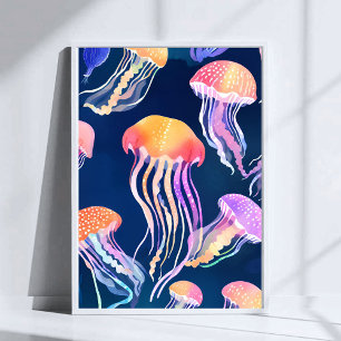Farbige Quallen   Ozean Tier Wasserfarben Kunst Poster