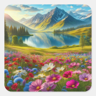 Farbige Quelle/blühender Bergsee Quadratischer Aufkleber