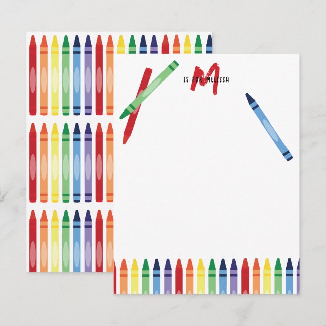 Farbige Rainbow Crayons Niedlich Monogram Kids Mitteilungskarte (Vorne/Hinten)