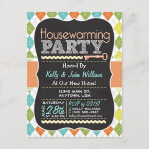 Farbige Raute; Chalkboard Housewarming Party Einladungspostkarte