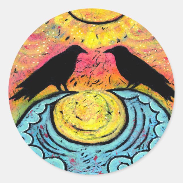 Farbige Raven auf Ozeanwellen-Sticker Runder Aufkleber (Vorderseite)
