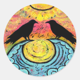 Farbige Raven auf Ozeanwellen-Sticker Runder Aufkleber