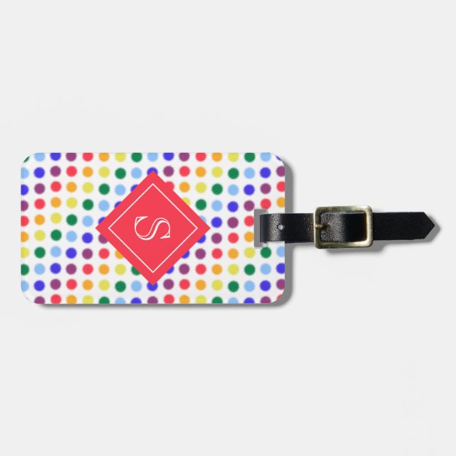 Farbige Regenbogendots Personalisiertes Monogramm Gepäckanhänger (Vorderseite horizontal)