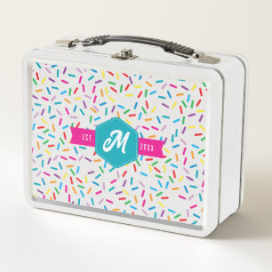 Farbige Regenbogensprinklen Retro-Monogramm Metall Brotdose