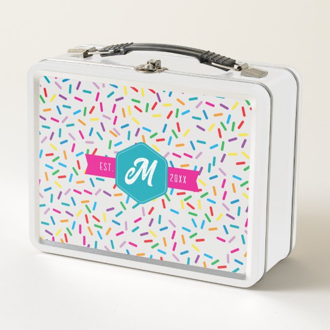 Farbige Regenbogensprinklen Retro-Monogramm Metall Brotdose (Vorderseite)