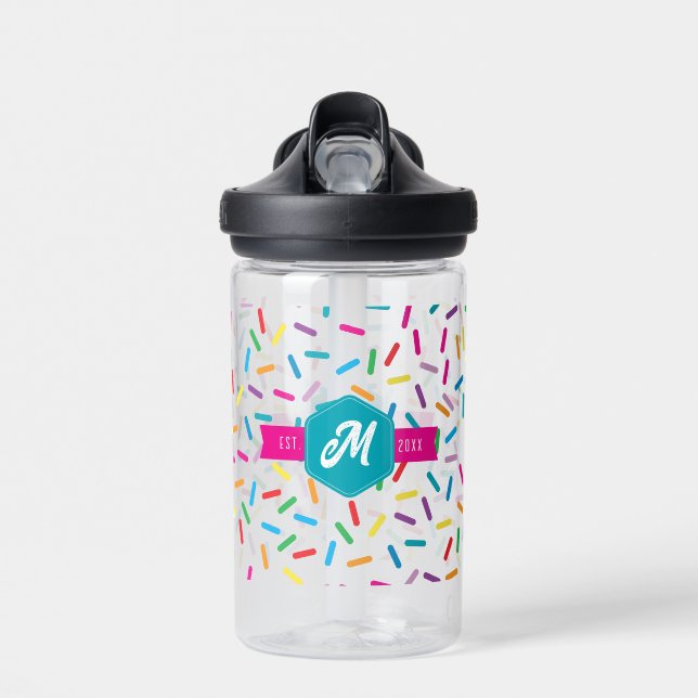 Farbige Regenbogensprinklen Retro-Monogramm Trinkflasche (Vorne)